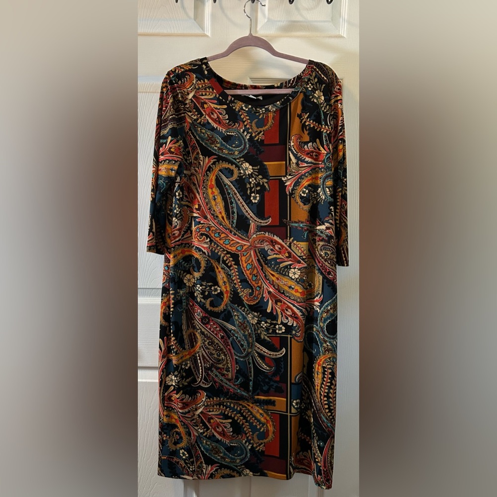 Fall Pencil Plus Size Boat Neck Midi Dress | Multicolored Large Paisley Design